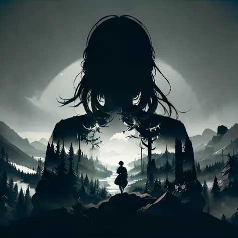Firewatch style landscape enclosed in half turned human silhouette, figure in the foreground, minimalism, monochrome background 