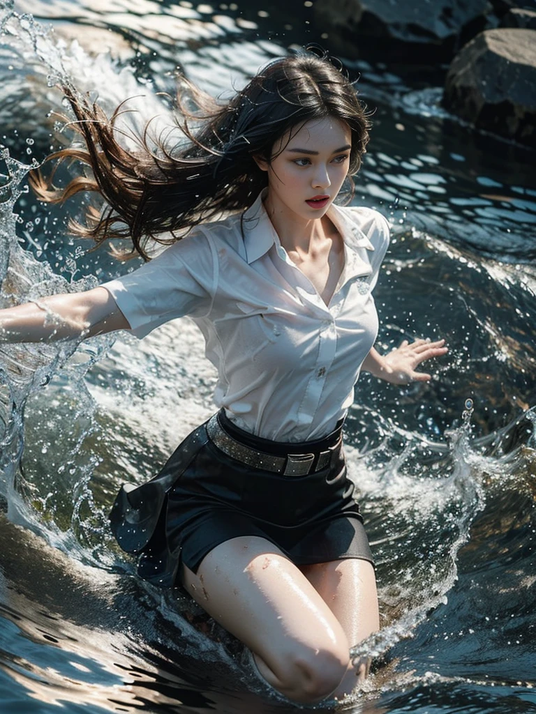 18s woman in thai university uniform, very beautiful, pretty, wet long straight hair, white wet plain short-sleeve button up shirt:1.4, black bra under white shirt:1.4, opaque shirt:1.4, black wet tight mini skirt:1.2, brown belt, masterpiece:1.2, high detail, realistic, cinematic scene, slim and perfect figure, perfect body proportions, 16k, portrait photo, dynamic pose, dynamic compositions, water, surrounded by heavy water:1.2, motion blur, long exposure, at sea shore, martial arts, blue light tone, water magic, (water element:1.2), water goddess, xuer martial arts, insane detailed on face, close up, water droplets on the skin:1.2, water drips all over her body:1.2, water droplet on her face:1.2, wet body:1.2, selective focus