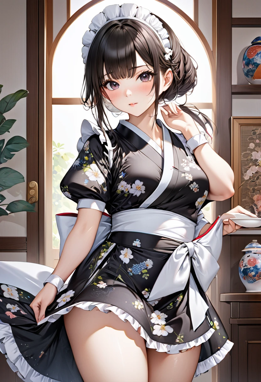 Young beautiful woman,(Highest quality,Extremely detailed depiction,Incredibly absurd high resolution,Anatomically accurate depiction,Nice hands, Perfect Fingers,Curvy Legs)(Japanese style maid),(A gorgeously patterned kimono,Maid clothes,Maid&#39;s Headband,pantyhose,latex),eyelash,Brightly glowing purple eyes,There is cleavage in the chest,Black Hair,Perfect body, seductive gestures,background:Japanese-style room