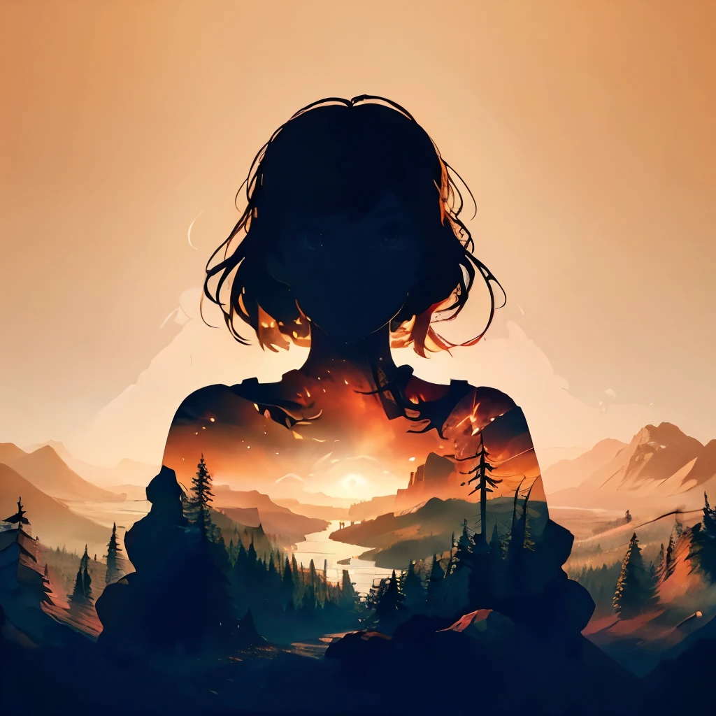 Firewatch style landscape, human silhouette, minimalism