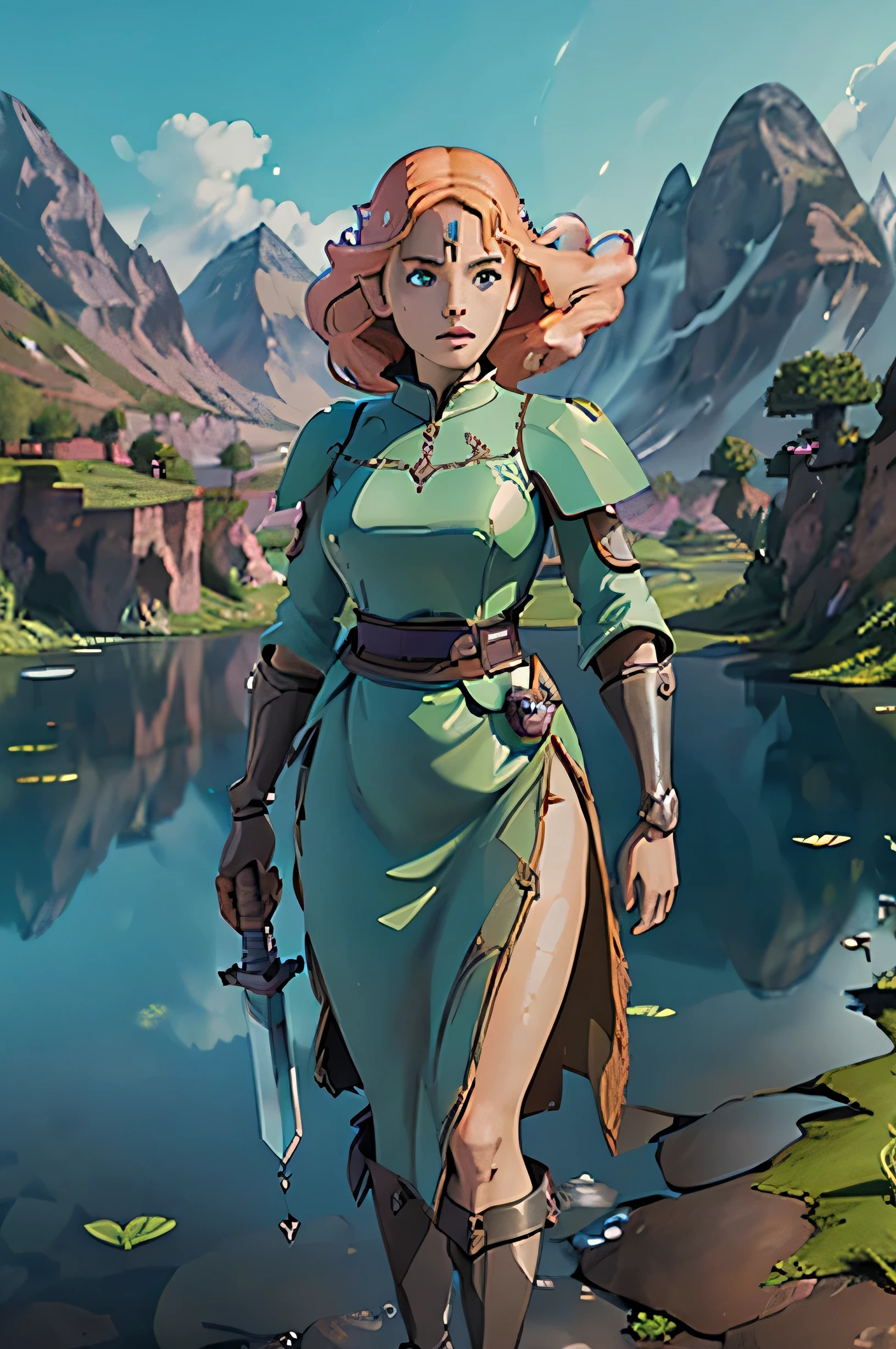 female character, orange hair, warrior adventurer, carrying a blue diamond sword inspired by MINECRAFT, (detailed face) (finely detailed eyes) (not have deformities) highly detailed with mountains, trees and puddles of water, (finely detailed leaves) (highly detailed shadows and reflections) the landscape portrays a sunrise, the sky with pink and blue tones, with clouds (finely detailed clouds) (realistic texture in the clouds)