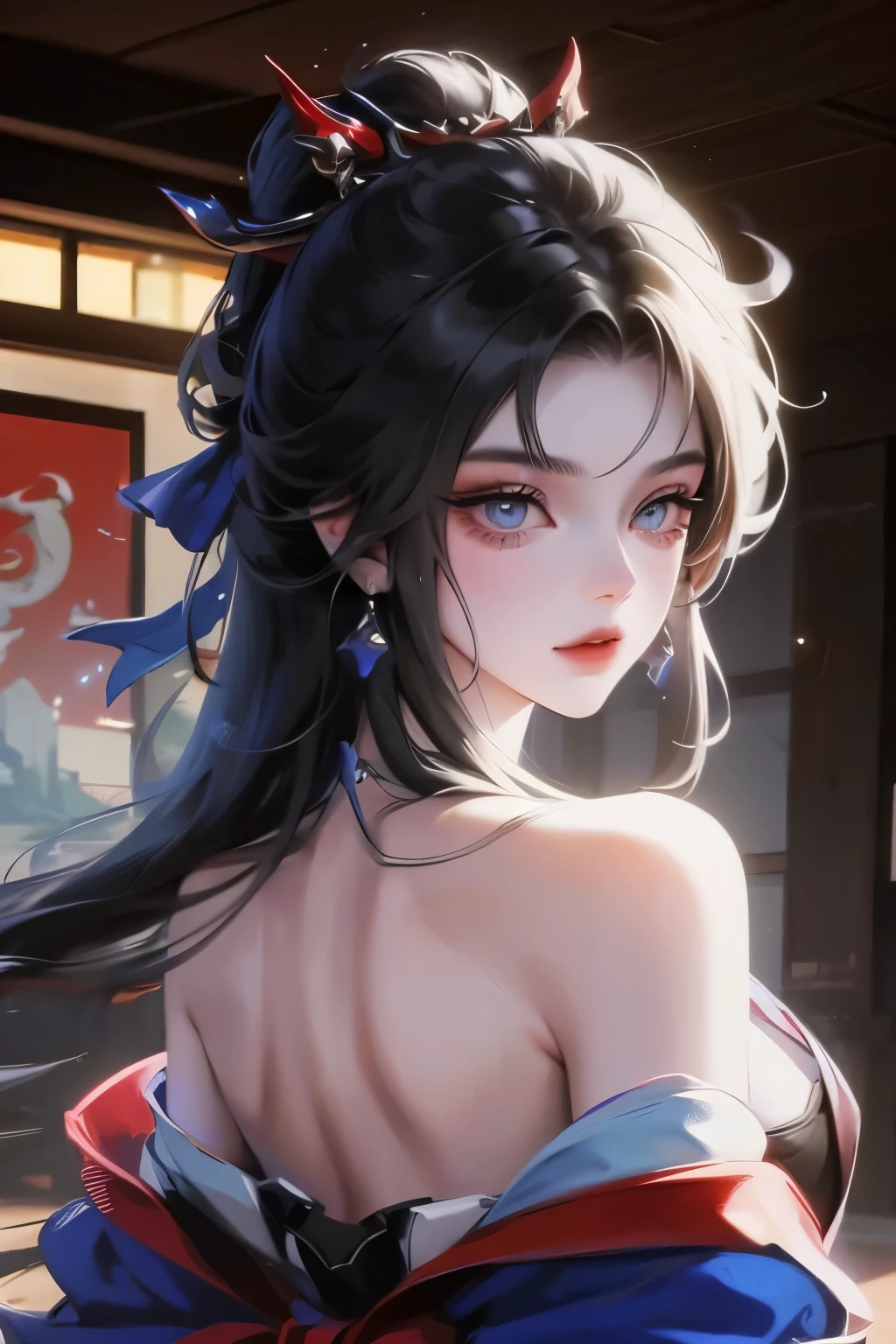 masterpiece, Top quality, best quality, Official Art, beautiful and aesthetic:1.2),1 Girl, Tattoo, Solitary, Japanese clothes, Red and black kimono, Hair accessories, unsheathing, Black Hair, sheath, back Tattoo, dragon Tattoo, blue eyes, Off-shoulder, Bare shoulders, look back, From the back, flower, Looking at the audience, Keep, cosmetic, outdoor,