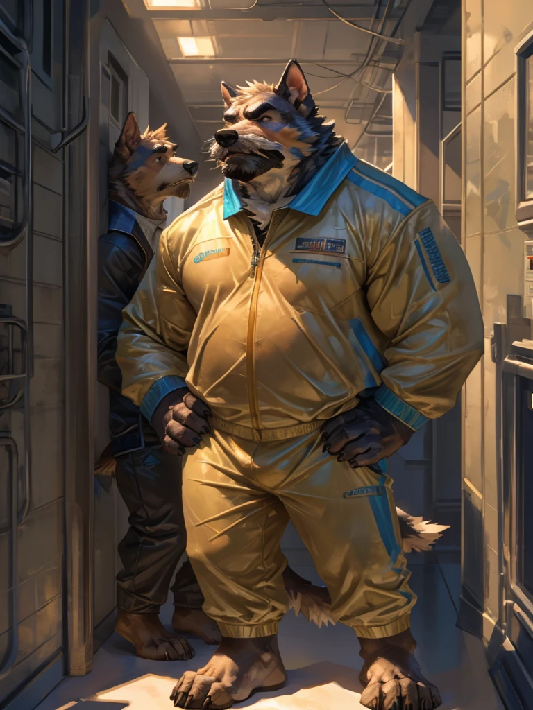 By Taran Fiddler, one man, anthro canine (terrier), adult male, elderly, slightly wrinkled face, bushy eyebrows, stern facial expression, grumpy, bushy mustache, slightly short stature, dilf, hands on his hips. standing in a hallway, wearing plain blue track suit, leaning against wall, oil rig, inside