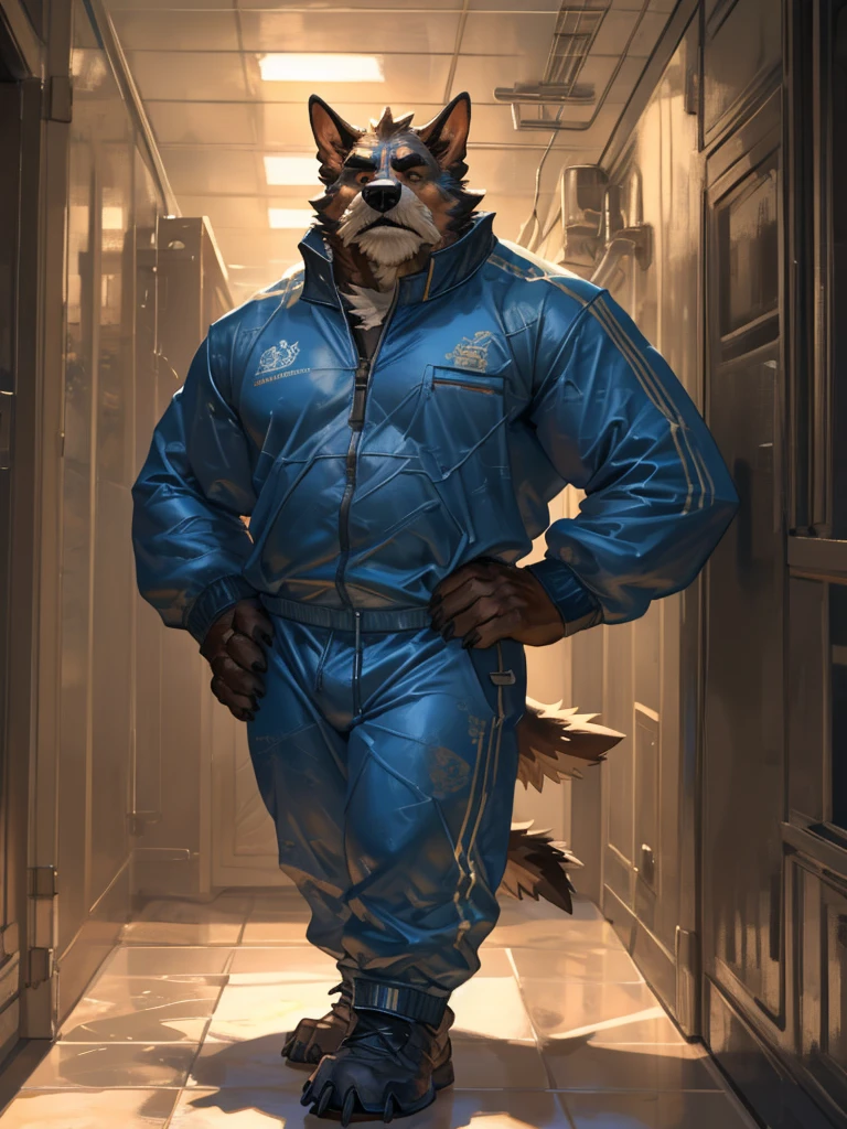 By Taran Fiddler, one man, anthro canine (terrier), adult male, elderly, slightly wrinkled face, bushy eyebrows, stern facial expression, grumpy, bushy mustache, slightly short stature, dilf, hands on his hips. standing in a hallway, wearing plain blue track suit, leaning against wall, oil rig, inside