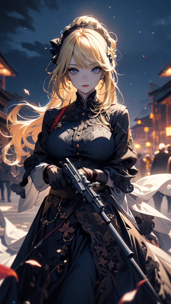 masterpiece, high quality, 4K, Beautiful design, silhouette，blonde， 非常に詳細な夜のStarry Sky,Flower Field， wonderful, Finer details,  Very knowledgeable woman, Highly detailed solo, 1 female,Big Breasts，Gothic Lolita Fashion，２Hold a gun in front of your chest.，Night view，Starry Sky，full moon，