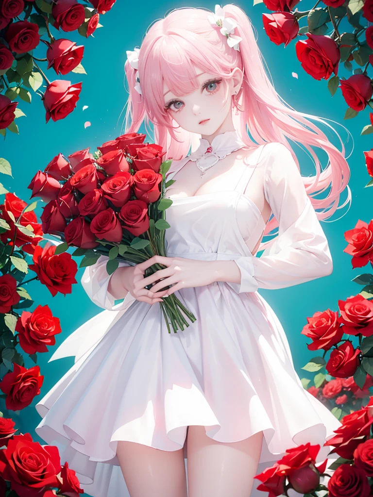 The image depicts a person holding a large, heart-shaped arrangement of red roses against a teal background. The individual is wearing a pale pink or white outfit that contrasts with the vibrant red roses. The overall scene exudes a romantic and perhaps celebratory atmosphere.