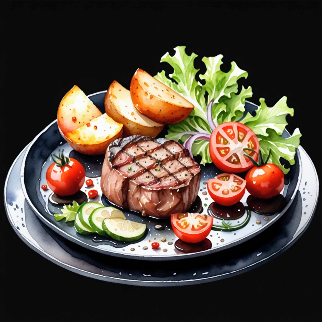 there is a delicious tenderloin steak and baked potatoes served on a hot black plate with slices of baked tomatoes and some green lettuce vegetables, illustration, isolated with solid white background, surrounded with negative space, centered compositon, 8k, highest detailed painting, very precise painting, Isolated, clear brilliant white background, perspective angle of view, cartoon style, ((watercolor)),