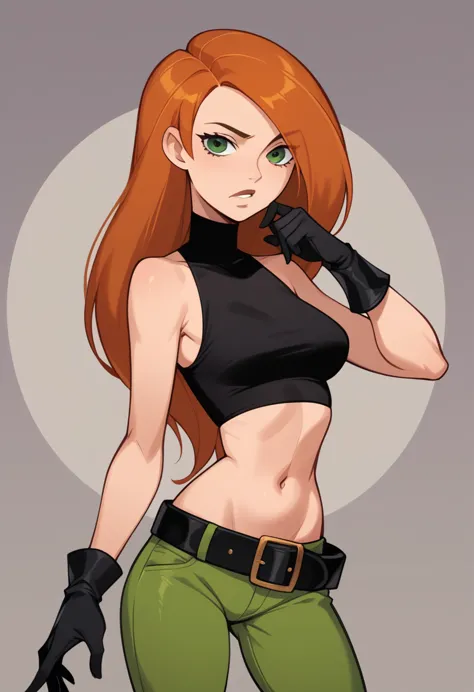 score_9, score_8_up, score_7_up, score_6_up, score_5_up, score_4_up, kim_possible,1girl,solo,long hair,black gloves,navel,green ...