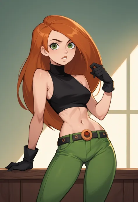 score_9, score_8_up, score_7_up, score_6_up, score_5_up, score_4_up, kim_possible,1girl,solo,long hair,black gloves,navel,green ...