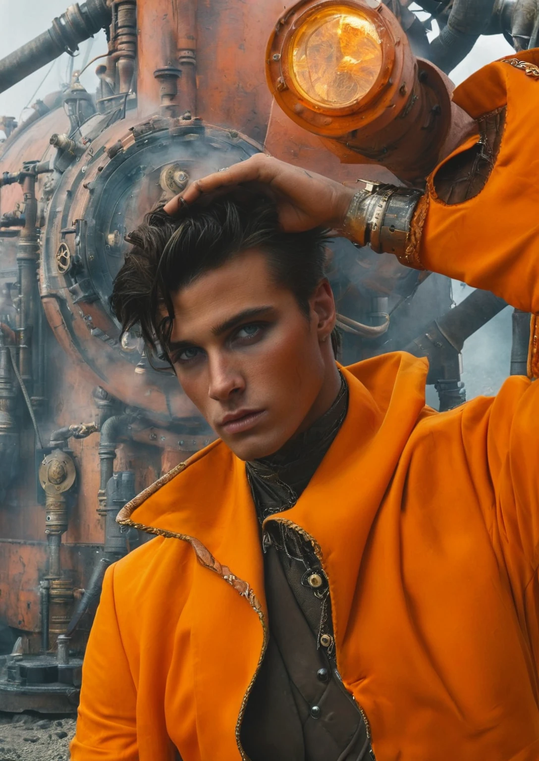 sci fi movie scene, of a young man with short dreadlocks and marking on his face and orange eyes wearing a orange suite,steam punk background