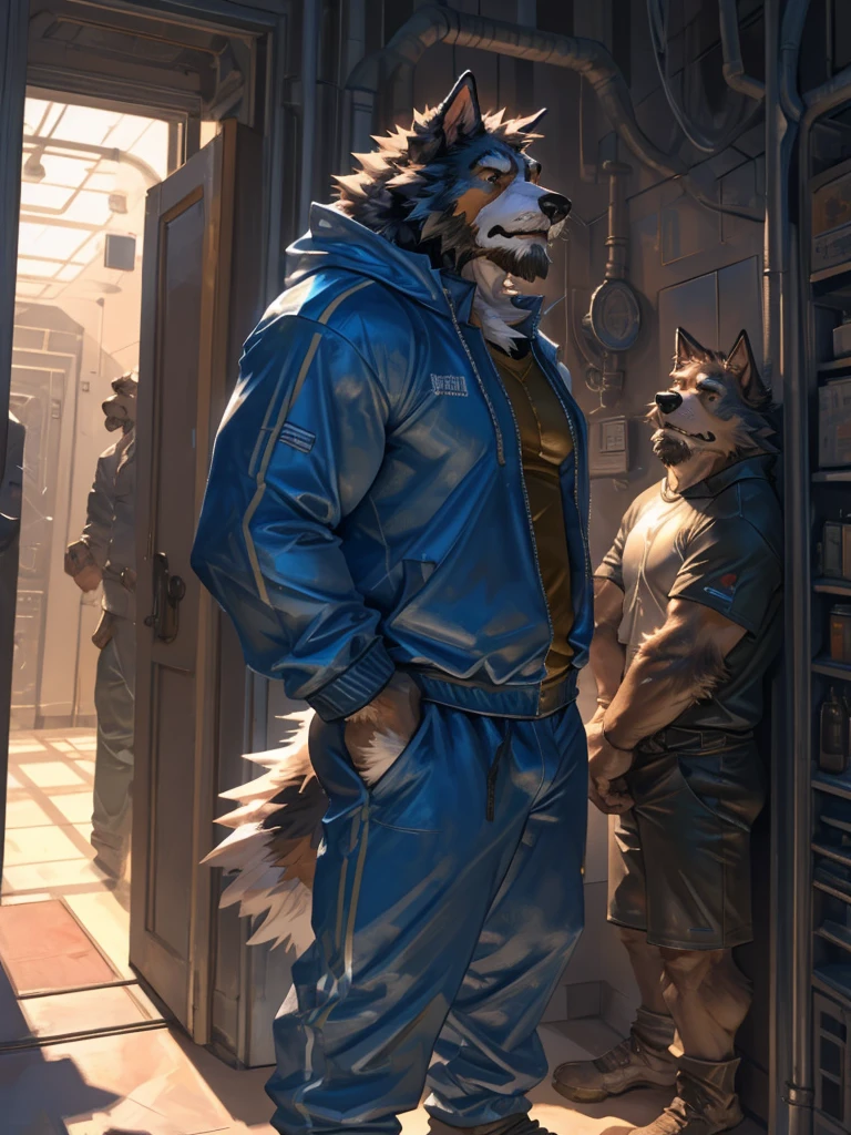 By Taran Fiddler, one man, anthro canine (Bearded Collie breed), adult male, elderly, slightly wrinkled face, bushy eyebrows, stern facial expression, grumpy, bushy mustache, slightly short stature, dilf, hands on his hips. standing in a hallway, wearing plain blue track suit, leaning against wall, oil rig, inside