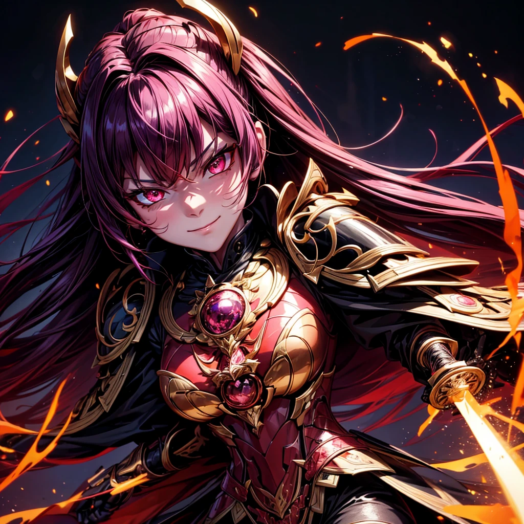 best quality,4K,high resolution),Ultradetailliert,realistisch,portrait, Lila Samurai Sukkubus mit einen katana dunkelrotem Haar, a purple-dark red armor with gold neon lights with gold trim and glowing red eyes, Leuchtende Farben, delicate features, seductive glance, Charming smile, wallende Haare, sanfte Beleuchtung