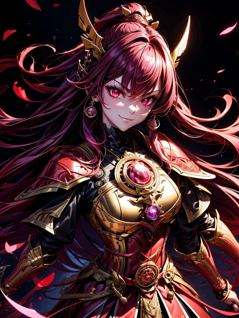 best quality,4K,high resolution),Ultradetailliert,realistisch,portrait, Lila Samurai Sukkubus mit einen katana dunkelrotem Haar, a purple-dark red armor with gold neon lights with gold trim and glowing red eyes, Leuchtende Farben, delicate features, seductive glance, Charming smile, wallende Haare, sanfte Beleuchtung