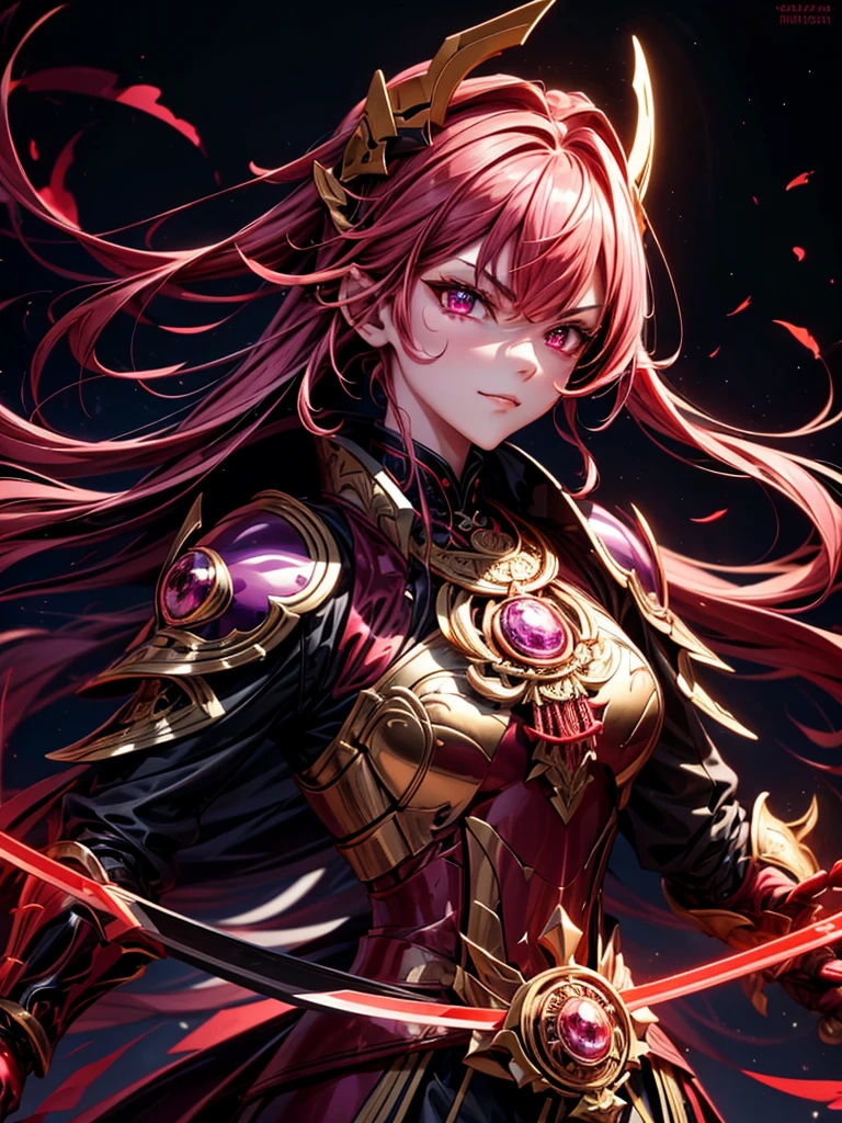 best quality,4K,high resolution),Ultradetailliert,realistisch,portrait, Lila Samurai Sukkubus mit einen katana dunkelrotem Haar, a purple-dark red armor with gold neon lights with gold trim and glowing red eyes, Leuchtende Farben, delicate features, seductive glance, Charming smile, wallende Haare, sanfte Beleuchtung