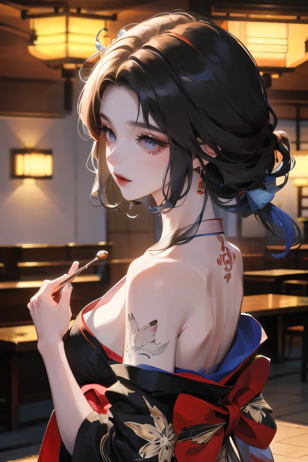 masterpiece, Top quality, best quality, Official Art, beautiful and aesthetic:1.2),1 Girl, Tattoo, Solitary, Japanese clothes, Red and black kimono, Hair accessories, unsheathing, Black Hair, sheath, back Tattoo, dragon Tattoo, blue eyes, Off-shoulder, Bare shoulders, look back, From the back, flower, Looking at the audience, Keep, cosmetic, outdoor,