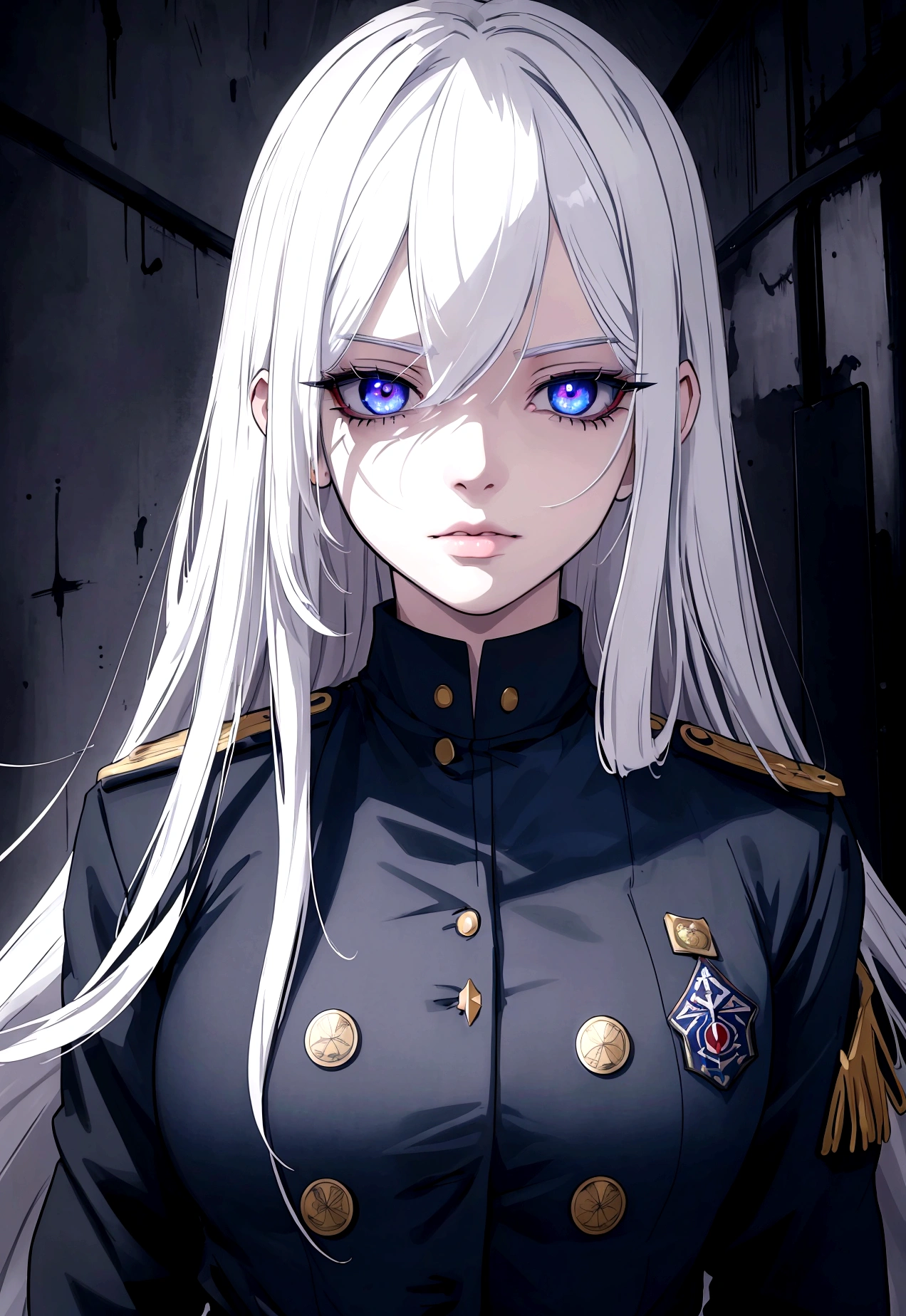 (best quality,4k,8k,highres,masterpiece:1.2),1girl,anime,military uniform,dark blue uniform,long white hair,white eyes,evil look,detailed face,detailed eyes,detailed lips,longeyelashes,digital art,cinematic lighting,dark moody atmosphere,dramatic shadows