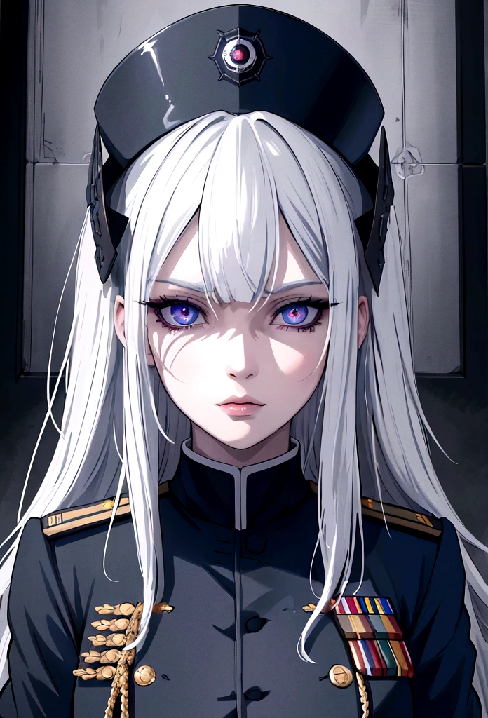 (best quality,4k,8k,highres,masterpiece:1.2),1girl,anime,military uniform,dark blue uniform,long white hair,white eyes,evil look,detailed face,detailed eyes,detailed lips,longeyelashes,digital art,cinematic lighting,dark moody atmosphere,dramatic shadows