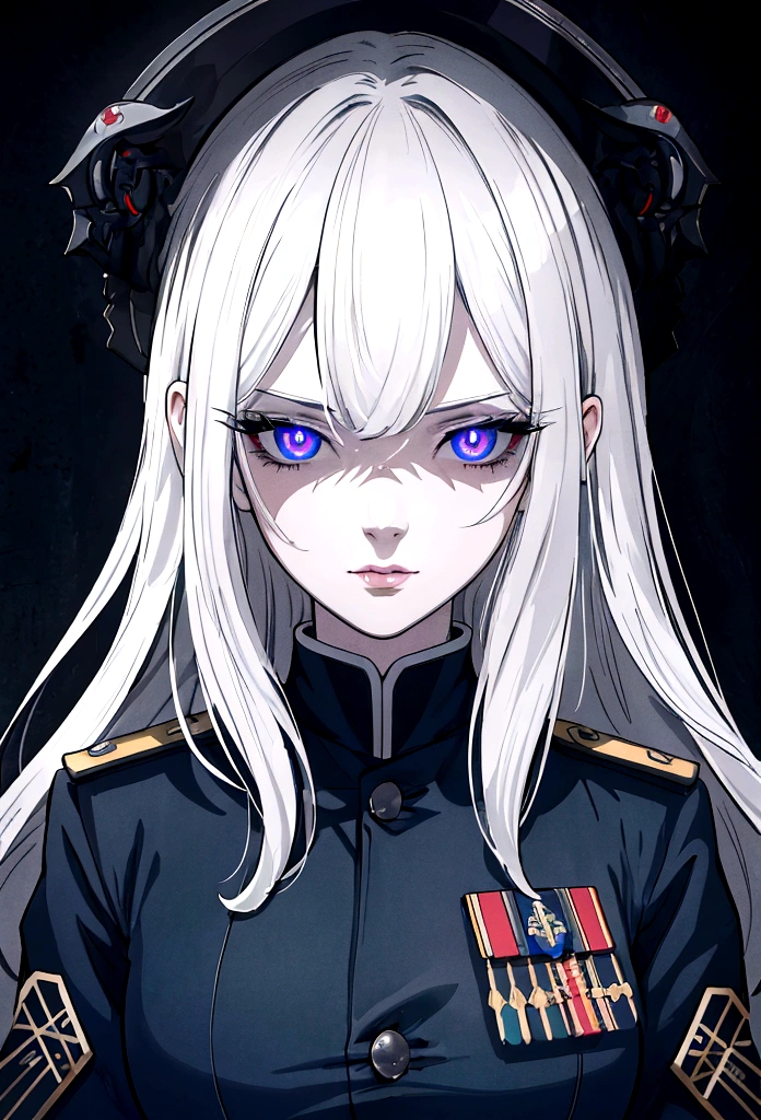 (best quality,4k,8k,highres,masterpiece:1.2),1girl,anime,military uniform,dark blue uniform,long white hair,white eyes,evil look,detailed face,detailed eyes,detailed lips,longeyelashes,digital art,cinematic lighting,dark moody atmosphere,dramatic shadows