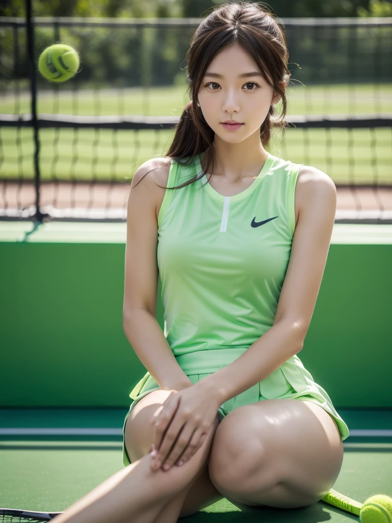 Mint colored tennis wear、tennis racket、Tennis ball、Tennis court、(Highest quality)、((Very detailed))、4K、(8K)、masterpiece、Very detailedな、Highest quality、Super Resolution、1 person、Kind Face、Soft Light、RAW quality、Soft Skin、163cm、30 years old、Thighs、Swing