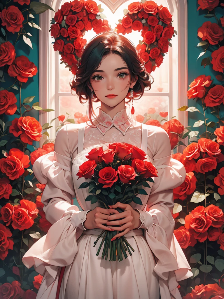 The image depicts a person holding a large, heart-shaped arrangement of red roses against a teal background. The individual is wearing a pale pink or white outfit that contrasts with the vibrant red roses. The overall scene exudes a romantic and perhaps celebratory atmosphere.