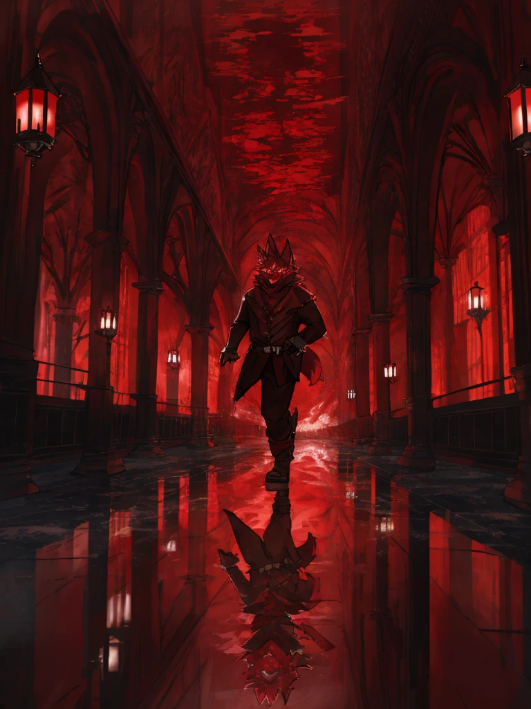 furry,sclera，red iris，A pack of red wolves Fury，Illustration of many red wolves,,Lights and reflections, heavily clouded, Architecture of medieval Europe, Glazed tiles,Hell version of the background