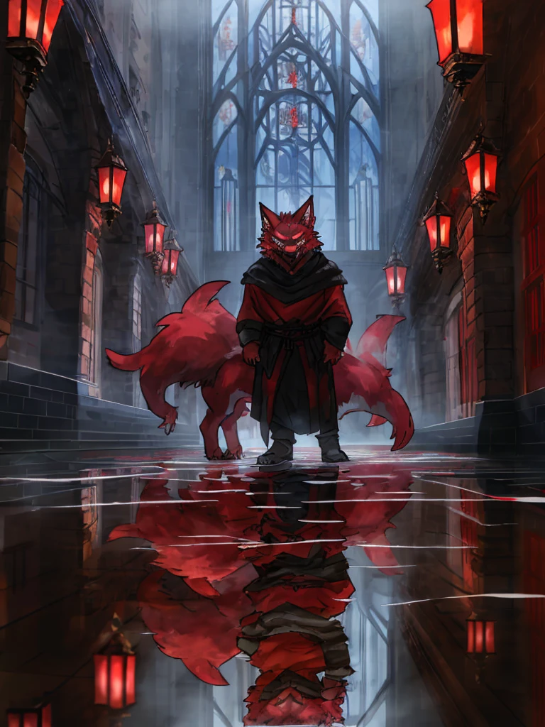 furry,sclera，red iris，A pack of red wolves Fury，Illustration of many red wolves,,Lights and reflections, heavily clouded, Architecture of medieval Europe, Glazed tiles,Hell version of the background