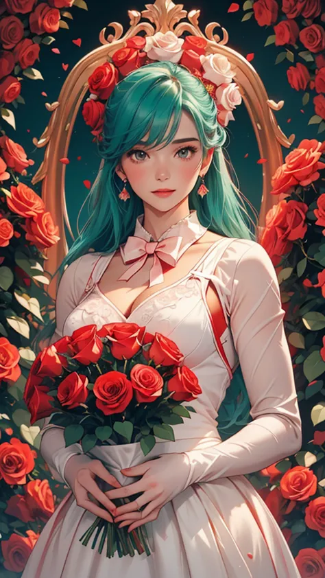 the image depicts a person holding a large, heart-shaped arrangement of red roses against a teal background. the individual is w...