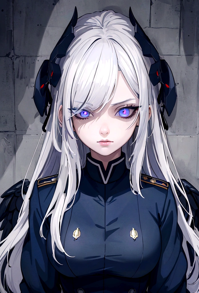 (best quality,4k,8k,highres,masterpiece:1.2),1girl,anime,military uniform,dark blue uniform,long white hair,white eyes,evil look,detailed face,detailed eyes,detailed lips,longeyelashes,digital art,cinematic lighting,dark moody atmosphere,dramatic shadows on three sides