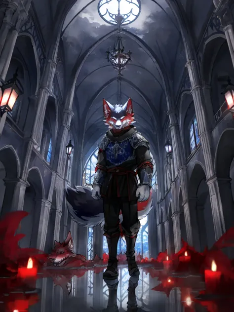 furry,sclera，red iris，Red Wolf，White Wolf，Hybrid Wolf,,Lights and reflections, heavily clouded, Architecture of medieval Europe,...
