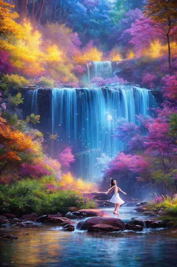 A beautiful girl is dancing , looking into the camera, photorealistic painting, sharp focus, 8k, perfect composition, trending on art station, award-winning photograph, unreal engine 5, cinematic smooth, intricate detail, highly detailed, from below, splash, fractal art, god ray, crystallineAI, rainbow,  in the park,naked