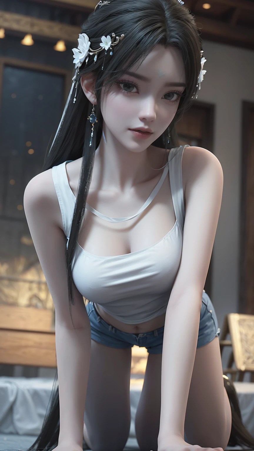 Close-up of miss wearing white mask, Beautiful character painting, Gu Weiss, Gurwitz-style artwork, Trance, author：Yang Jie, Epic and beautiful character art, Stunning character art, author：Fan Qi, by Wuzhun Shifan, pixiv Art Street Guviz, Long hair, insult, Tall and big, Long legs, (Sleeveless lace shirt), (shorts), (Striped )), ((Striped )), Walk, elegant, dignified, miss, Beautiful curves, sweet smile, Strong sense of detail and layering, Rich and colorful color, Has a unique texture, rich and colorful, color, vivid, Design Art, 16K, Very detailed, {{illustration}}, {Extremely refined}, {Exquisite surface treatment}, Very detailed, Delicate and shining eyes, {{Light}}, 极致灯Light效果, Model: realism, CFG size: 12, Laura: Bright texture (1.35), high quality, masterpiece, Exquisite facial features, Delicate hair depiction, Detailed depiction of the eyes, masterpiece, best quality, Light line tracing, Extremely detailed CG unified 8k wallpaper, masterpiece, best quality, (1 girl), Perfect body, (((tight white t shirt))), beautiful eyes, (Delicate face), Long hair, Loose hair, Light blue hairpin, in class, (White skin), (Optimal Lighting), (Super intricate details), 4K Unified, (Very detailed CG), Showing off her white legs, , Hot Pants, shorts,性感Long legs, Thin waist, Sweat is running down my waist, Showing belly, Extremely detailed depiction, Transparent clothes, Hands on thighs, 把目Light移开, 8k resolution, Raise an eyebrow, Shiny hair, flower head, Wristband, bandage，Leather sexy pose, simple grey background, Climbing towards the audience, Kitten pose, Get on all fours,