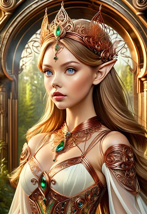 Steampunk elven princess. copper wire necklaces and bangles. Crown of fine copper wire. copper coloured tatoos cover her face an...