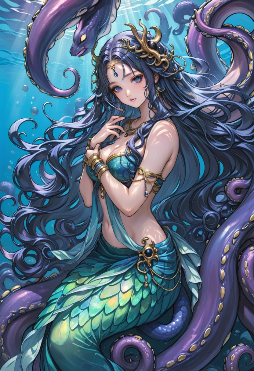 [translucent:opal:0.5], Reflective Transparent Opaque See-through Sarong, krakens, Long hair, 白色Long hair，Mermaid, Goddess of the sea, Ocean Goddess，Tentacles, Full face blush, Intricate details, light, excellent quality, Amazing shadows, Detailed description, Official Artwork, wallpaper, Official Art, Extremely detailed eyes and face, Beautiful and delicate eyes, black eyes, ((masterpiece, best quality)), from the side, whole body, Hook of Holland, Umbilical cord