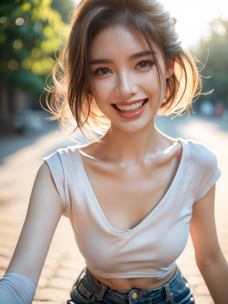 (Portrait shot: 1.4), (half body photo: 1.4), RAW UHD photo of a woman, (laughing face: 1.2) (Blonde short hair: 1.0), (Small Breasts: 1.5), (casual expression: 1.4), (white T-shirt and jeans), Background is a cityscape, sparkling blue eyes with high detail, (fit body: 1.5), (day time: 1.5), (warm light mood and tone: 1.5), (natural light: 1.6).