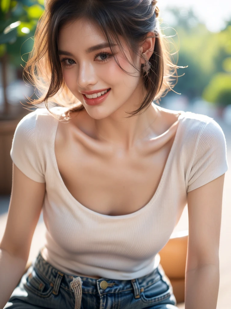 (Portrait shot: 1.4), (half body photo: 1.4), RAW UHD photo of a woman, (laughing face: 1.2) (Blonde short hair: 1.0), (Small Breasts: 1.5), (casual expression: 1.4), (white T-shirt and jeans), Background is a cityscape, sparkling blue eyes with high detail, (fit body: 1.5), (day time: 1.5), (warm light mood and tone: 1.5), (natural light: 1.6).