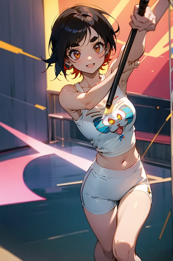 anime style,artistic, masterpiece,best quality,ssuper detailed,super fine illustration, highly detailed, dynamic angle, beautiful detailed, 8k,detailed background, On a summer afternoon, in a music studio, BREAK a female is dancing  . She is wearing a white T-shirt with a graffiti art-style cat illustration.Break very short hair,flat chest,black  hair,red-eyes,(full-face brasched:1.3),perfect hands,perfect fingers,Tsurime ,thick eyebrows,(holding microphone in right hand:1.3),headset,pov,perfect legs,cool,cat years,(LoRA:0.7),,smile face,