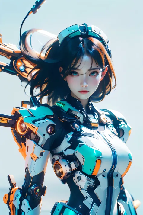 The basic color of the mecha is orange masterpiece,Background white bright top quality, high quality, (Portrait of a real person...