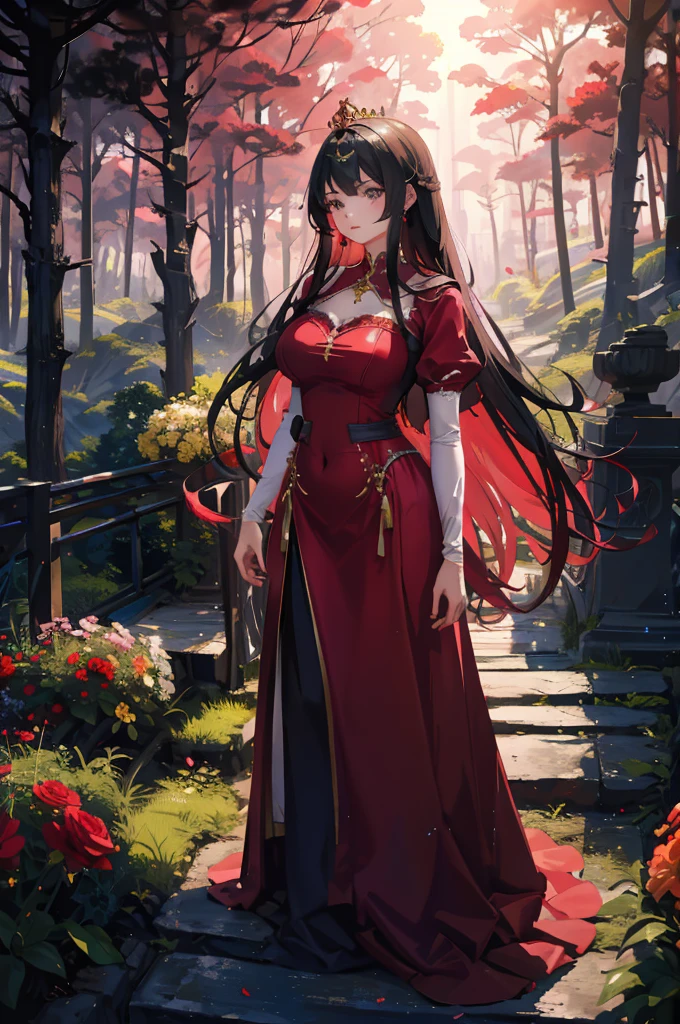 (very delicate, Masterpiece, Excellent lighting and shadows, HD wallpaper 8K), woman, 2, princess, black hair, red, straight hair, Floor-length, ดวงตาสีred, big round, plump lips, Pink cheeks, big breasts, wide hips, ชุดสีred, evening dress, golden crown, Handing flowers to the audience, In the middle of the forest, Fuji tree