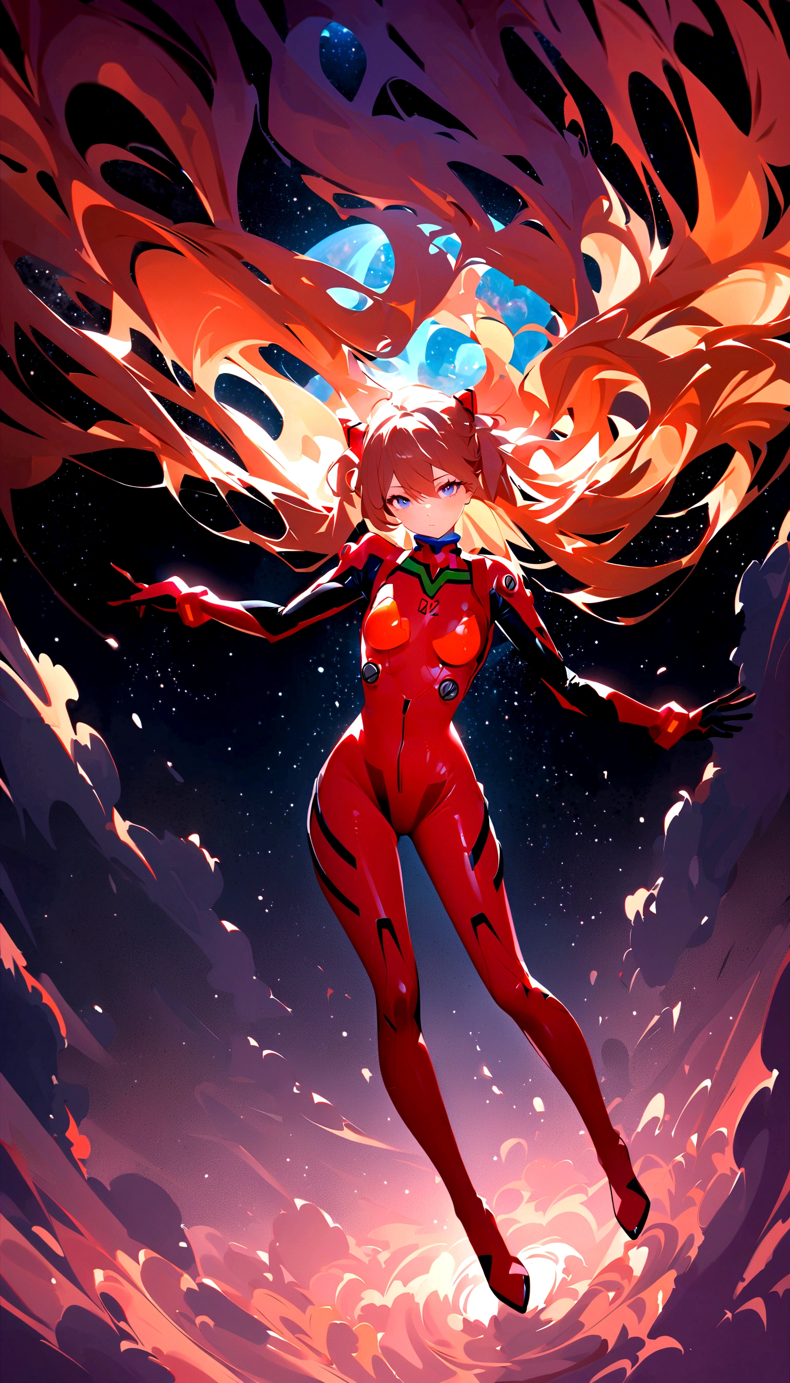 1girl, solo, looking at viewer, full body, standing, long hair, asuka cosplay costume, cosplay, plugsuit, bodysuit, hair ornament, seen from above, space, floating,Dubrec style，Transparent figure back，（Multiple Exposure：1.8）Intricate illustration in surreal art style，surreal dreamscape，