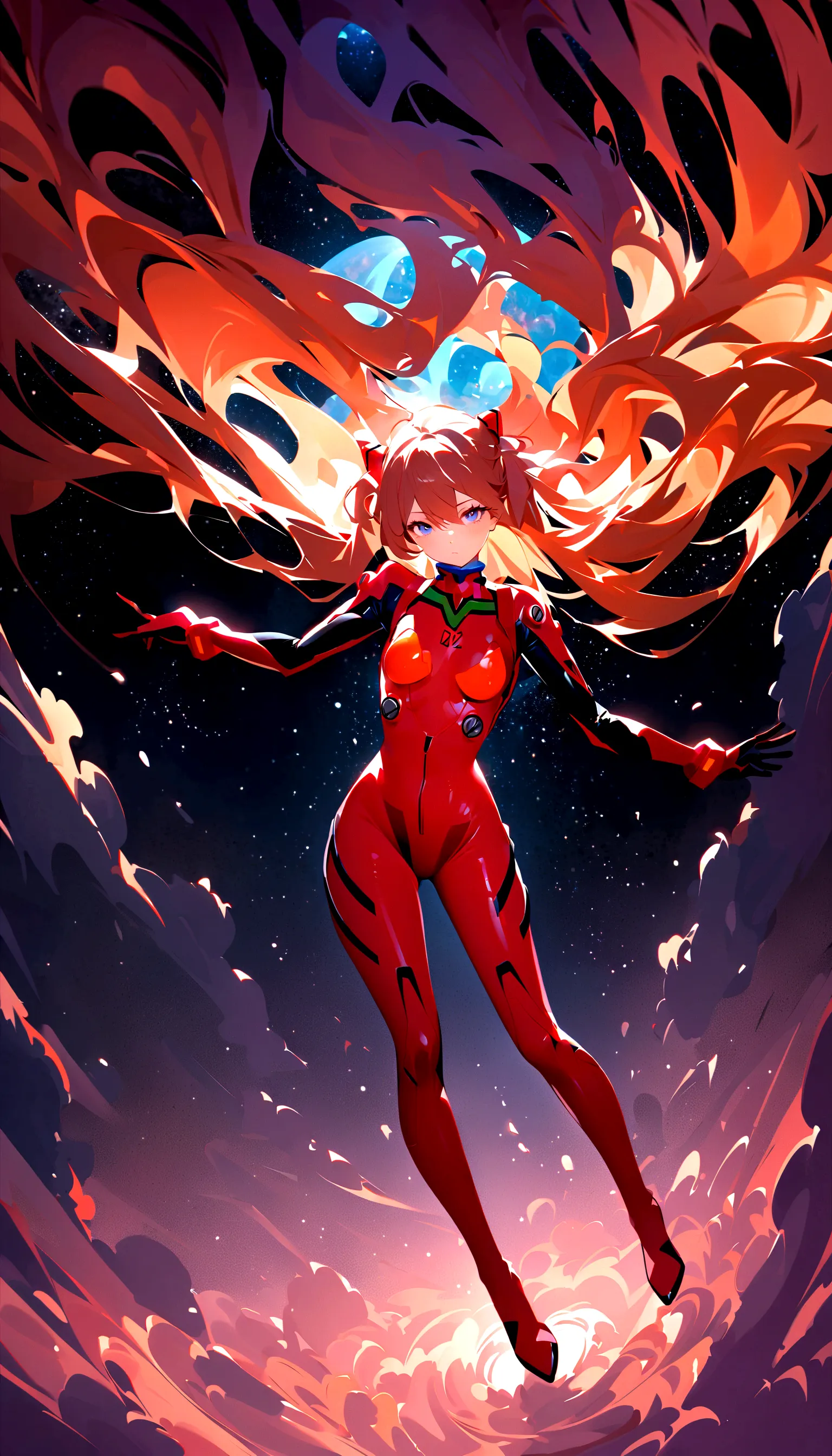 1girl, solo, looking at viewer, full body, standing, long hair, asuka cosplay costume, cosplay, plugsuit, bodysuit, hair ornamen...