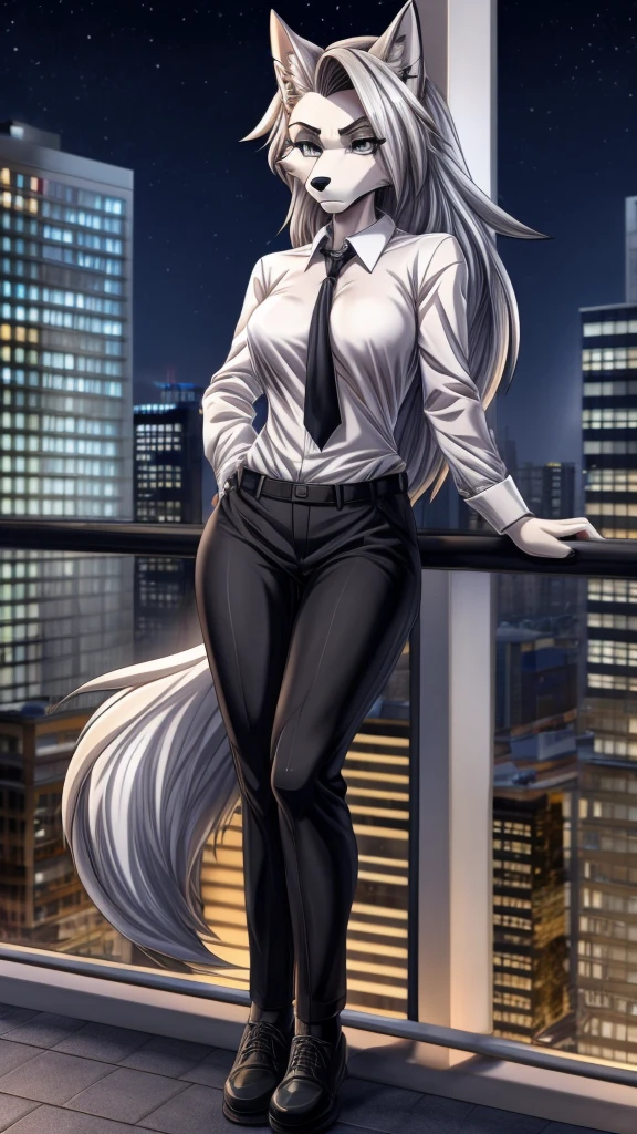 Loona from Helluva Boss, female wolf, anthro, mature adult, white short fluffy hair, grey eyes, tall, white shirt with black tie, black pants, black shoes, serious cold expression, emotionless stare, omnious, detailed, solo, beautiful, high quality, manhwa style, in a balcony, city on background, at night, 4K