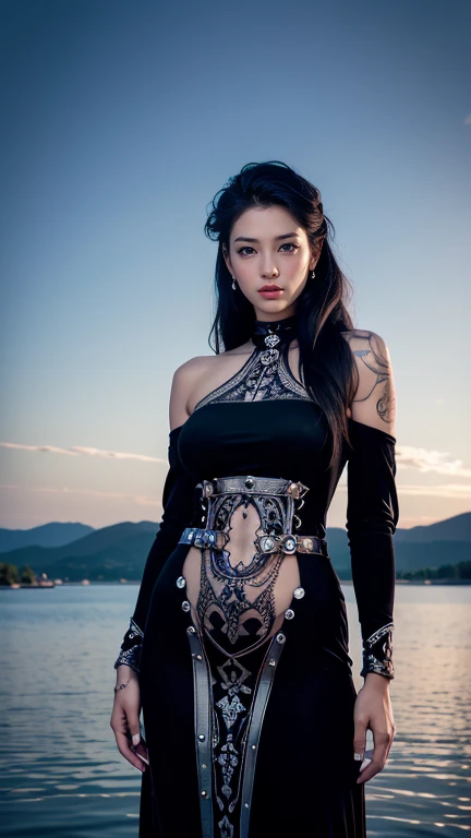UHD realistic photography of a tall indigenous tattooed 35 year old woman with an athletic body, the woman's clothing is a gothic Victorian long maxi dress with a belly and off the shoulder and with slits on both sides, the dress is made of metal and velvet, the woman's face is clear and distinct pose, model pose is that the woman is floating over a mystical lake, photo background atmosphere is gloomy and at night with moonlight