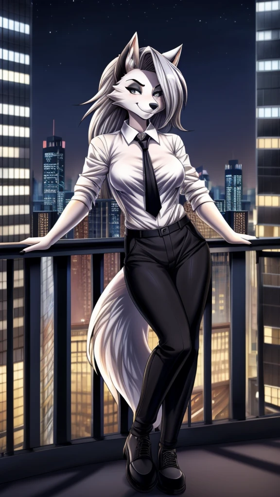 Loona from Helluva Boss, female wolf, anthro, mature adult, white short fluffy hair, grey eyes, tall, white shirt with black tie, black pants, black shoes, smile, omnious, detailed, solo, beautiful, high quality, manhwa style, in a balcony, city on background, at night, 4K