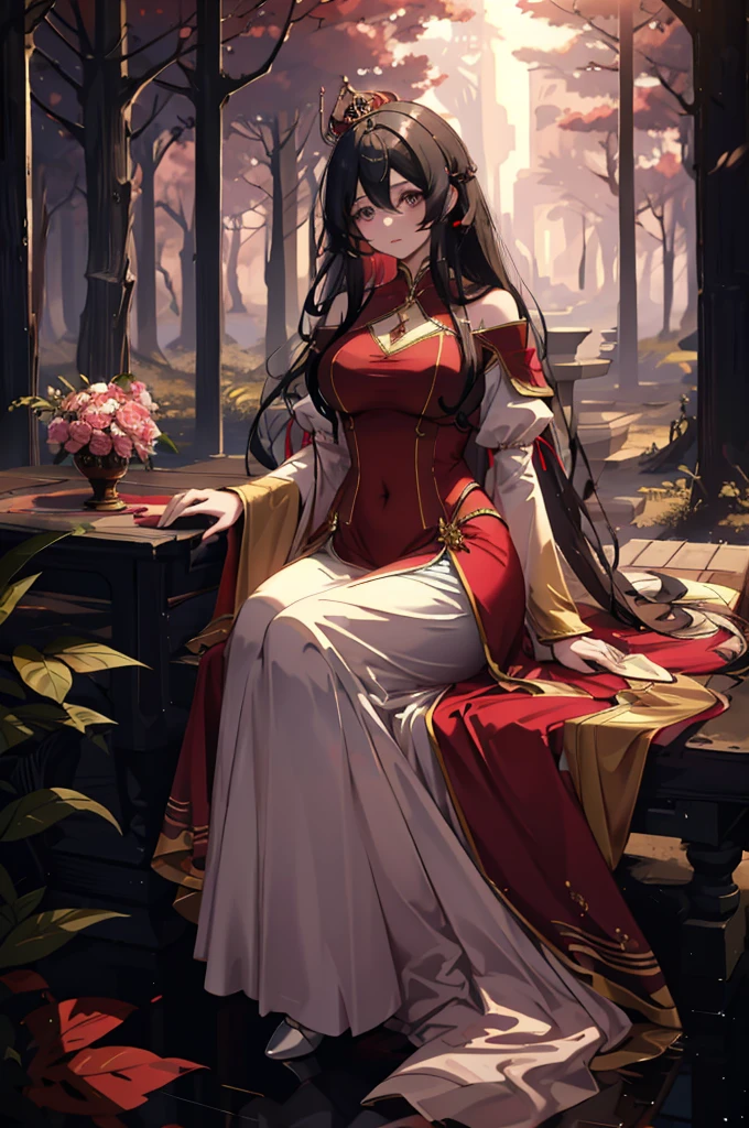 (very delicate, Masterpiece, Excellent lighting and shadows, HD wallpaper 8K), woman, 2, princess, black hair, red, straight hair, floor length, ดวงตาสีred, Big round, plump lips, pink cheeks, big breasts, wide hips, ชุดสีred, evening dress, golden crown, In the middle of the forest, sit