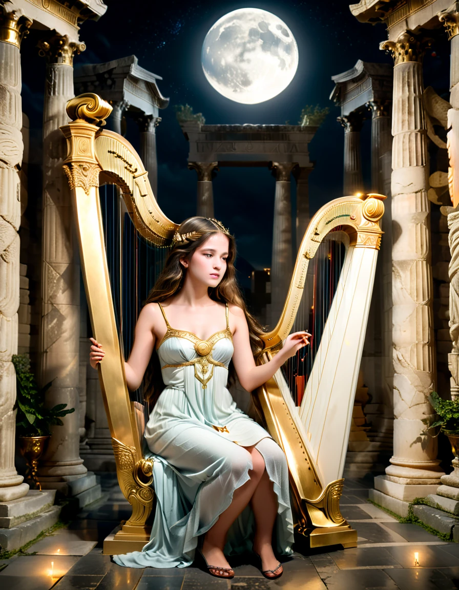 a young priestess, sitting, she places a harp larger than herself in front of him and plays it, playing a large lyre, ancient Greek temple, late at night, inside the temple it is (dark:1.3) and there is (no lighting:1.2), the moonlight shines in at an angle, shining a faint light on her., highly detailed, photorealistic, realistic lighting, intricate architecture, ornate decorations, cool color palette, golden accents, soft fabric textures, mesmerizing expression, elegant pose, cinematic composition, natural lighting, realistic shadows, mystical atmosphere, hyperrealistic, award-winning art