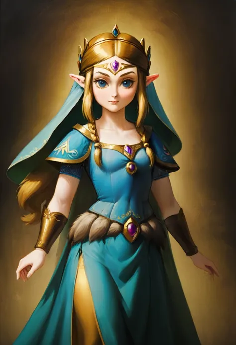 a masterful portrait done by leonardo de vinci of princess zelda, full body, ((anatomically correct: 1.5)) dynamic background, u...