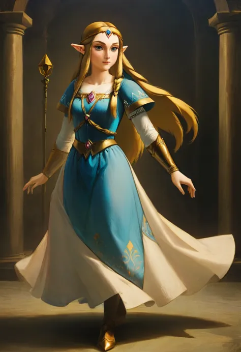 a masterful portrait done by leonardo de vinci of princess zelda, full body, ((anatomically correct: 1.5)) dynamic background, u...