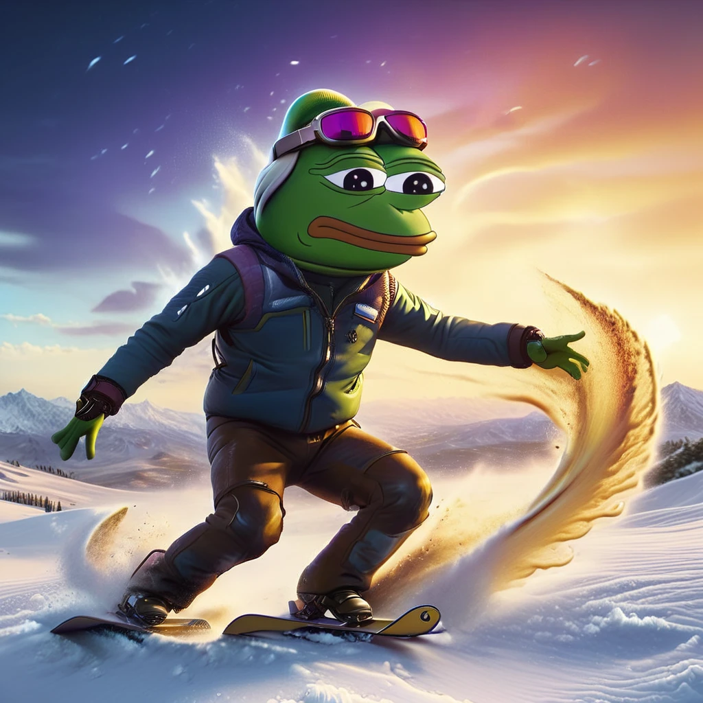 a pepe the frog anthropomorphized character,pepe the frog skiing,skiing in the desert,big wave,dust storm,extreme sports,highly detailed,8k,photorealistic,professional lighting,vibrant colors,cinematic composition