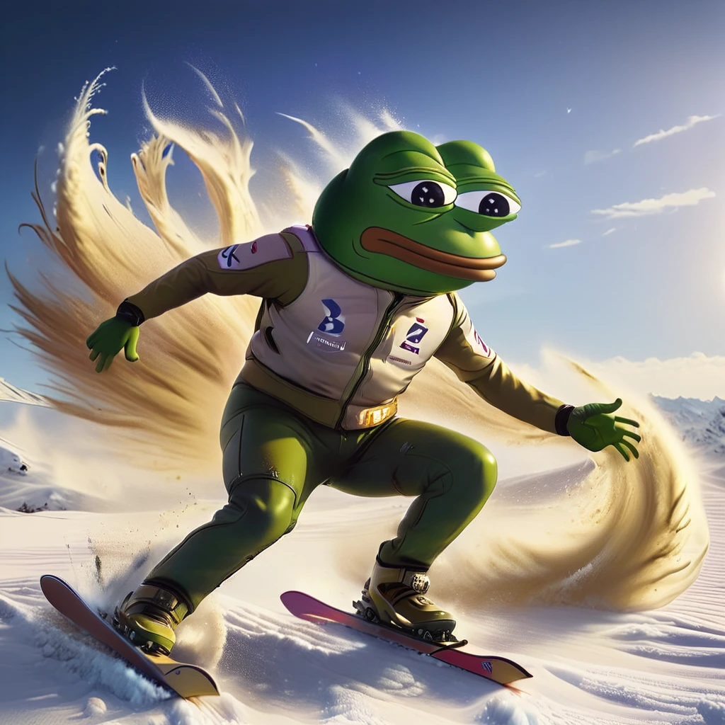 a pepe the frog anthropomorphized character,pepe the frog skiing,skiing in the desert,big wave,dust storm,extreme sports,highly detailed,8k,photorealistic,professional lighting,vibrant colors,cinematic composition