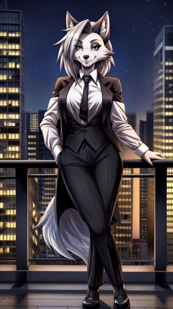 Loona from Helluva Boss, female wolf, anthro, mature adult, white short fluffy hair, grey eyes, tall, white shirt with black tie, black pants, black shoes, brown coat, smile, omnious, detailed, solo, beautiful, high quality, manhwa style, in a balcony, city on background, at night, 4K